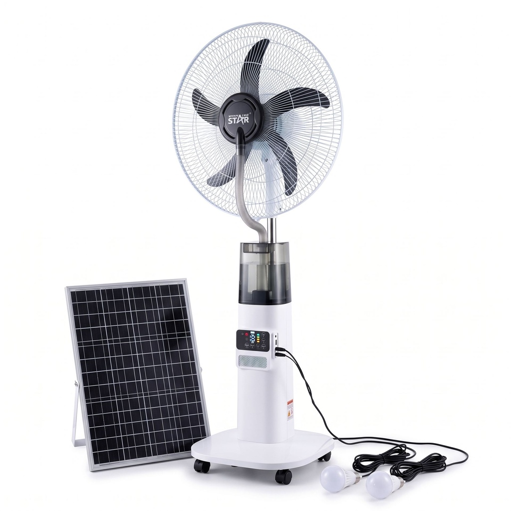 Kit Ventilateur Solaire Brumisateur 18″ + Panneau solaire + 2 ampoules solaires